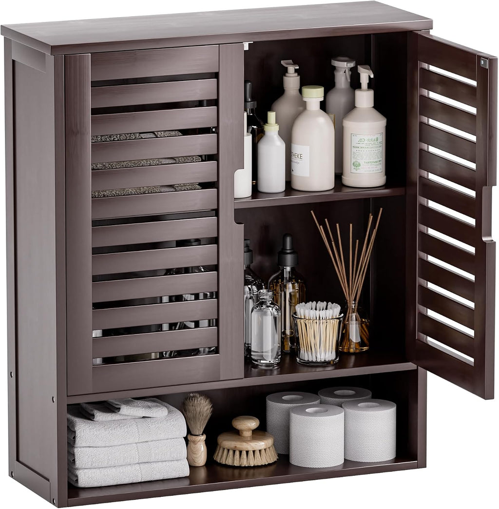 SMIBUY Bathroom Cabinet Wall Mounted, Bamboo Over-The-Toilet Storage Organizer