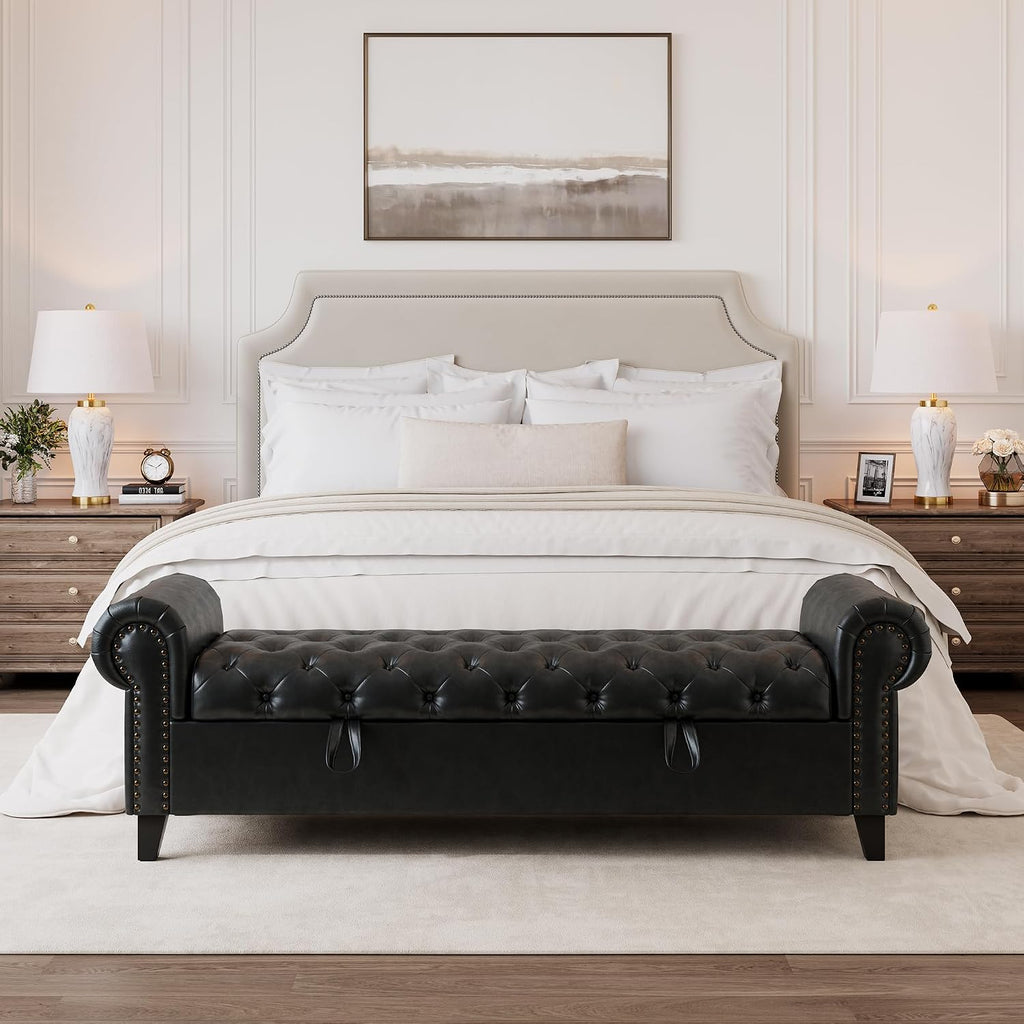 67 Inch Faux Leather Storage Bench with Rolled Arms, Chesterfield Tufted Ottoman Bench with Nailhead Trim, Upholstered End of Bed Bench for Bedroom, Entryway and Living Room, Black