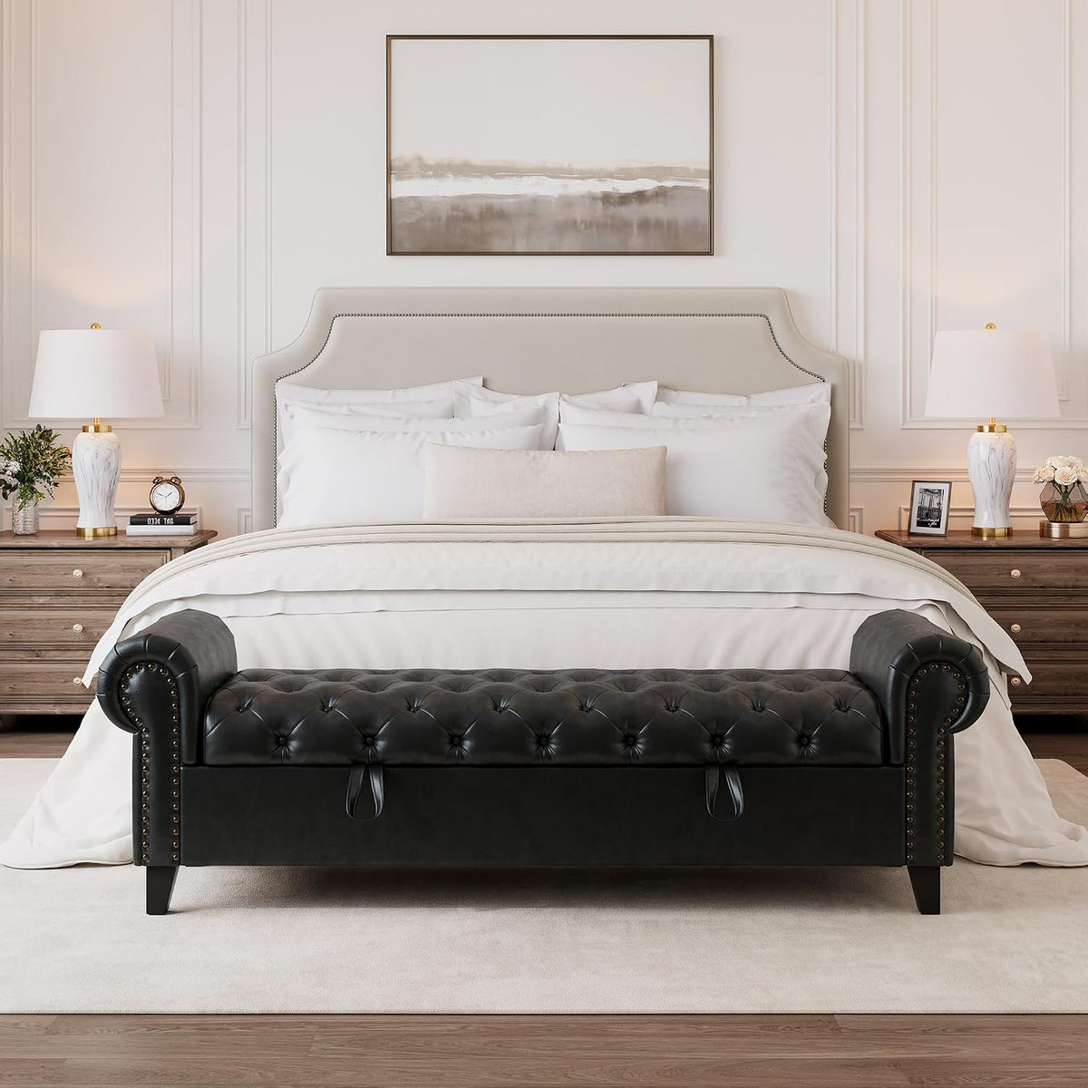 67 Inch Faux Leather Storage Bench with Rolled Arms, Chesterfield Tufted Ottoman Bench with Nailhead Trim, Upholstered End of Bed Bench for Bedroom, Entryway and Living Room, Black