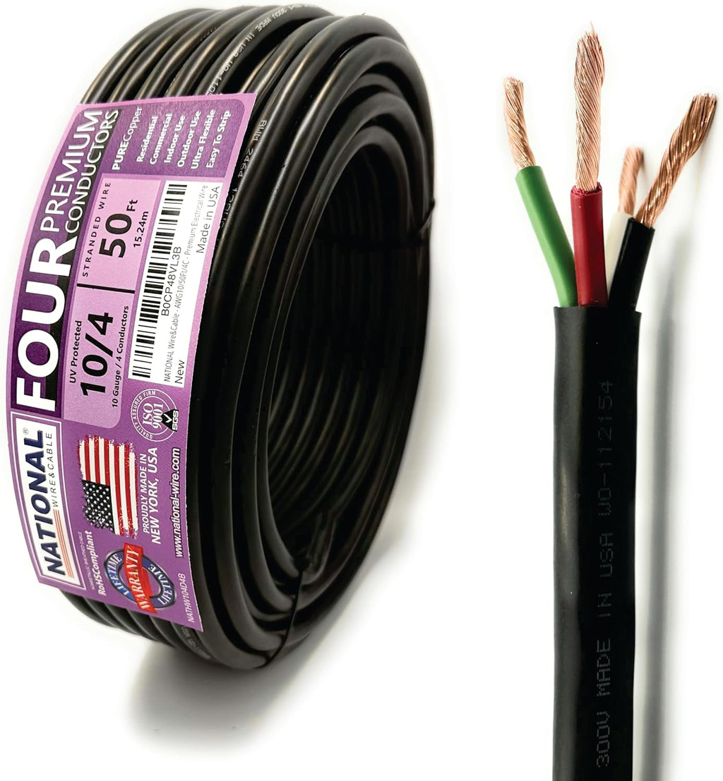 NATIONAL Wire & Cable – 10 AWG 4-Conductor Premium Copper Wire, 50 ft, Stranded