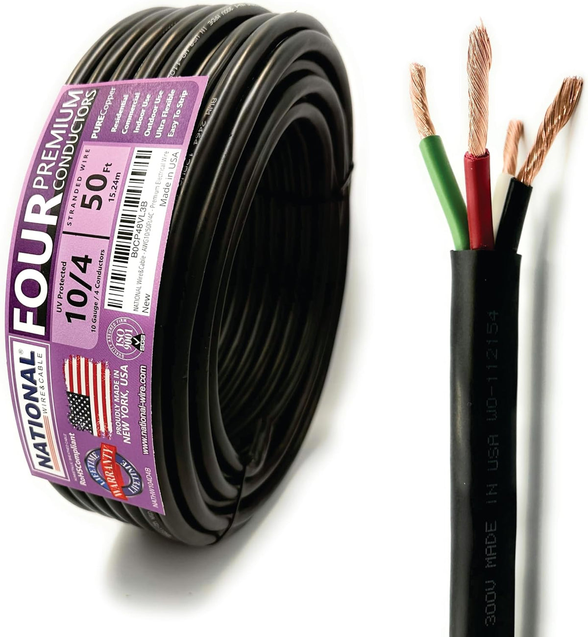 NATIONAL Wire & Cable – 10 AWG 4-Conductor Premium Copper Wire, 50 ft, Stranded