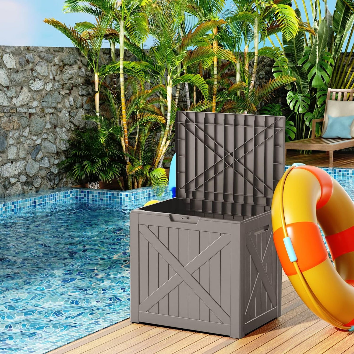 rojik 36 gallon deck box outdoor, waterproof outdoor, side view