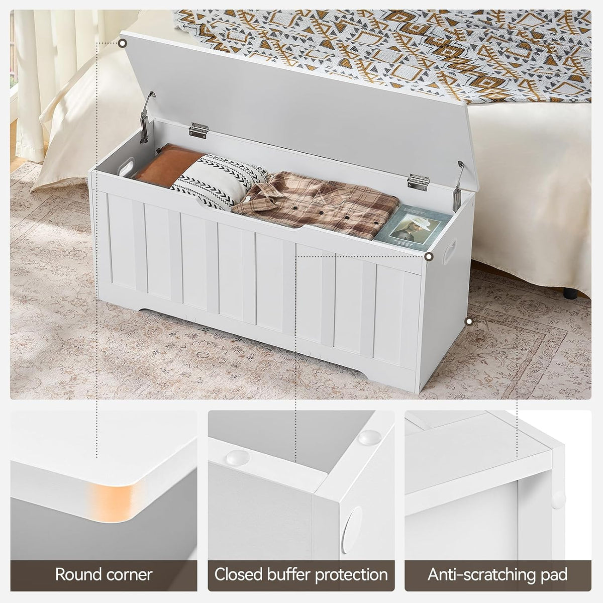 vankiley 43.3" storage chest extra large, storage bench.(white) on a desk or shelf