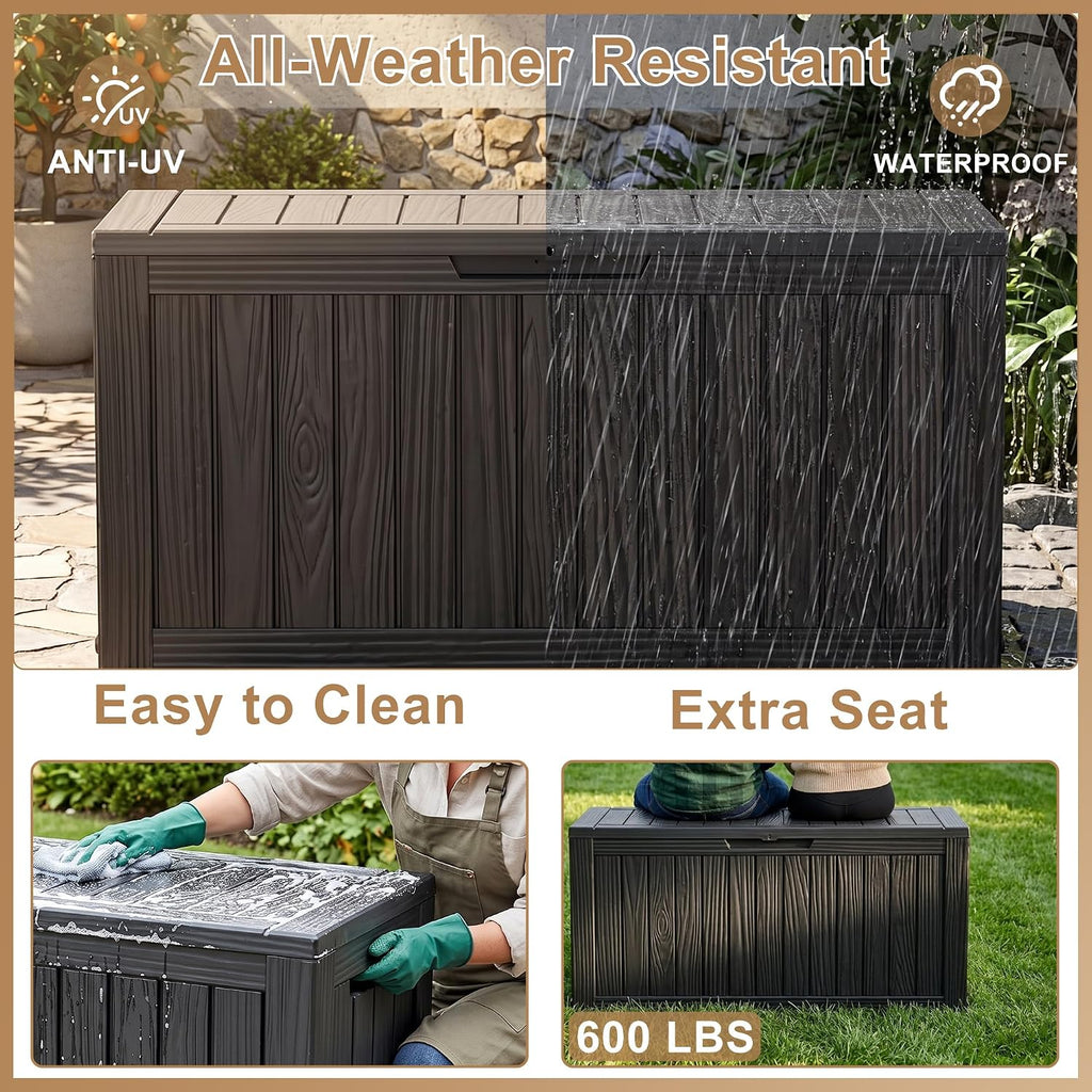 150gal outdoor storage box, waterproof lockable resin deck shown in use