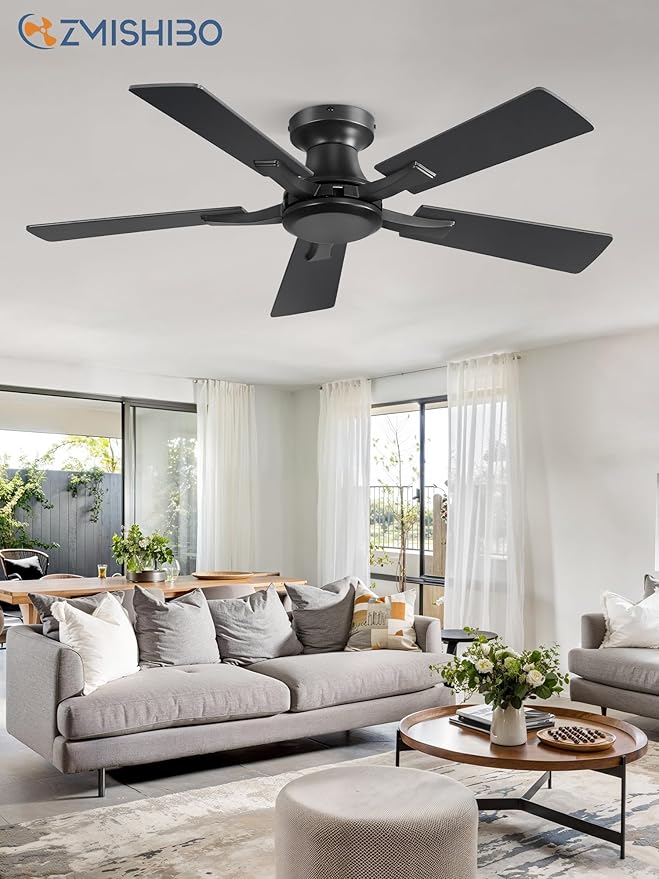 ZMISHIBO 42 Inch Ceiling Fan No Light, Flush Mount Low Profile, Modern Black
