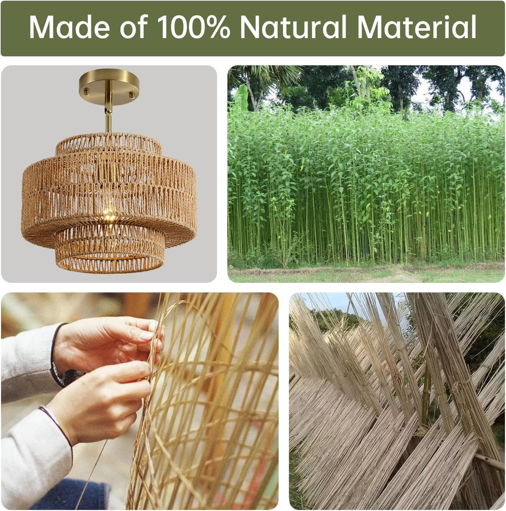 12.4" Rattan Pendant Light for Kitchen Island, Boho Chandelier | 1-Light, Hand Woven, No Assembly, Gold Hardware, Farmhouse Coastal Drum Wicker Light Fixture Dining Room Hallway Entryway
