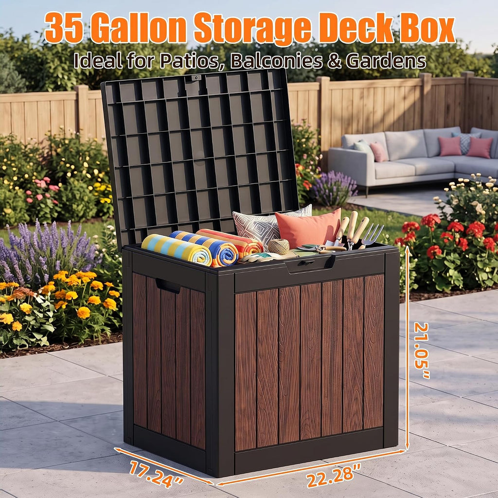 vixzen 35 gallon deck boxes outdoor waterproof, lockable shown in use
