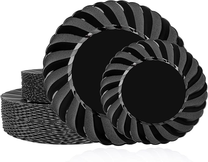U-QE 60 Pcs Black Plastic Plates for Party – Scalloped Plastic Plates Heavy D...
