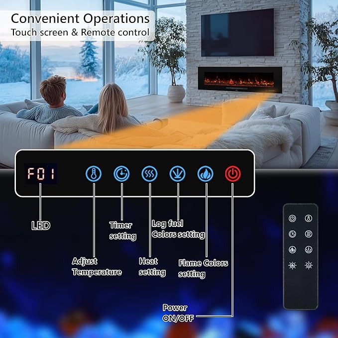 42" Electric Fireplace Inserts, Recessed & Wall Mounted Fireplace Heater