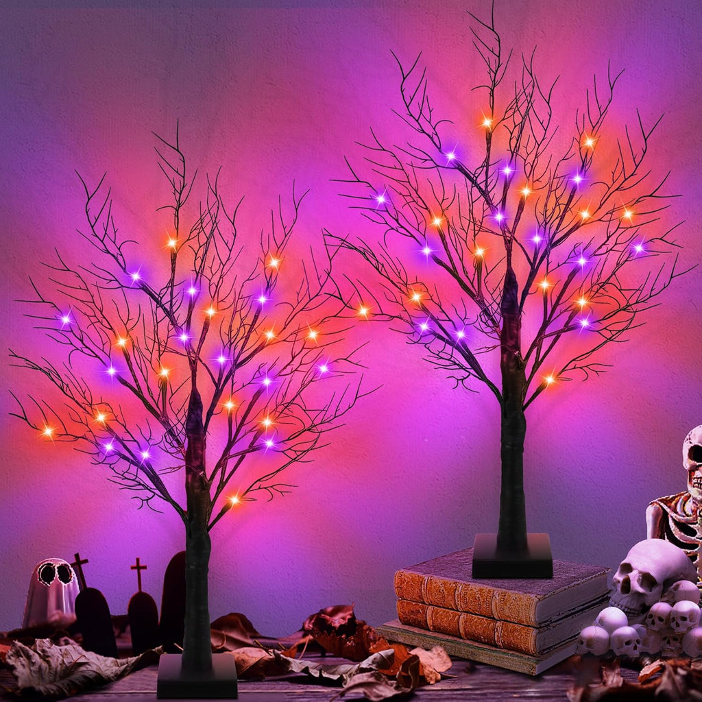 [Timer] 2 Pack Halloween Decorations Indoor, 24 Inch Halloween Tree with 24 Orange & Purple Lights, USB & Battery Operated Black Spooky Tree Halloween Table Decorations Indoor Home Party Decor Room