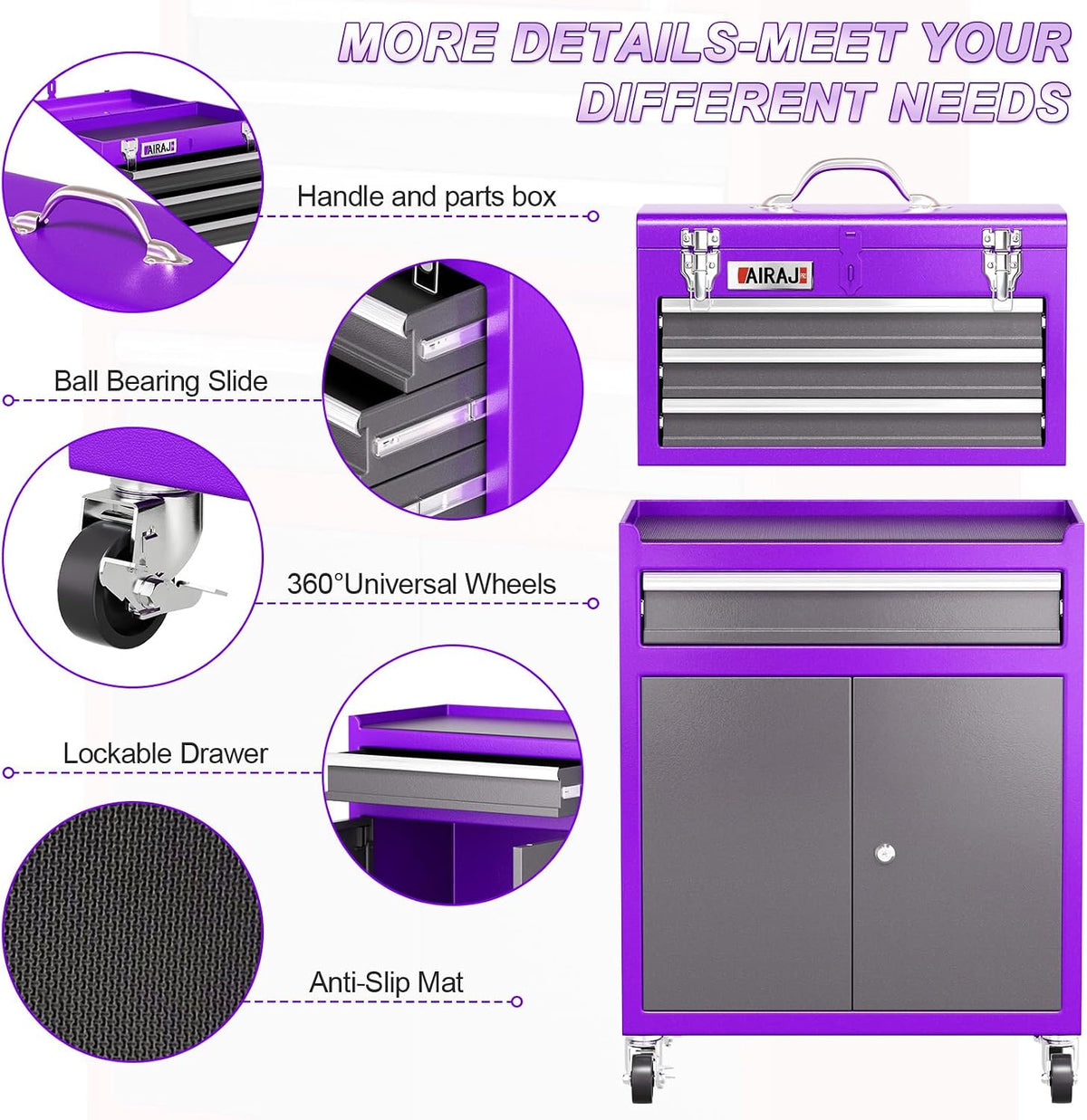 4-drawer rolling tool chest with wheels,40" lockable 2-in-1, side view
