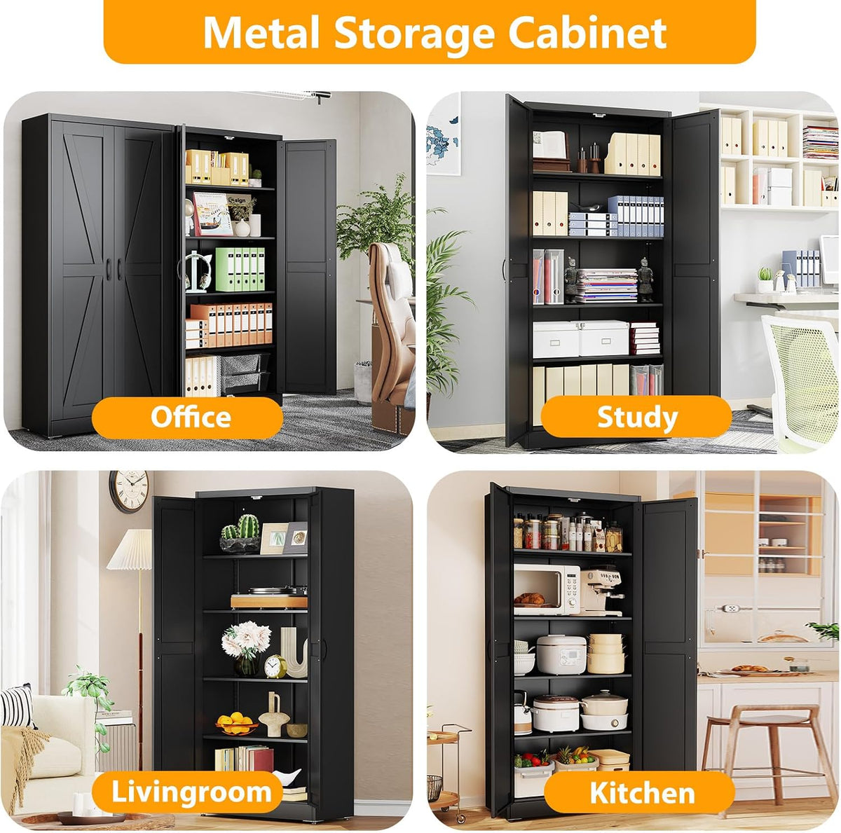 ckzbx black metal cabinets with doors and shelves showing dimensions