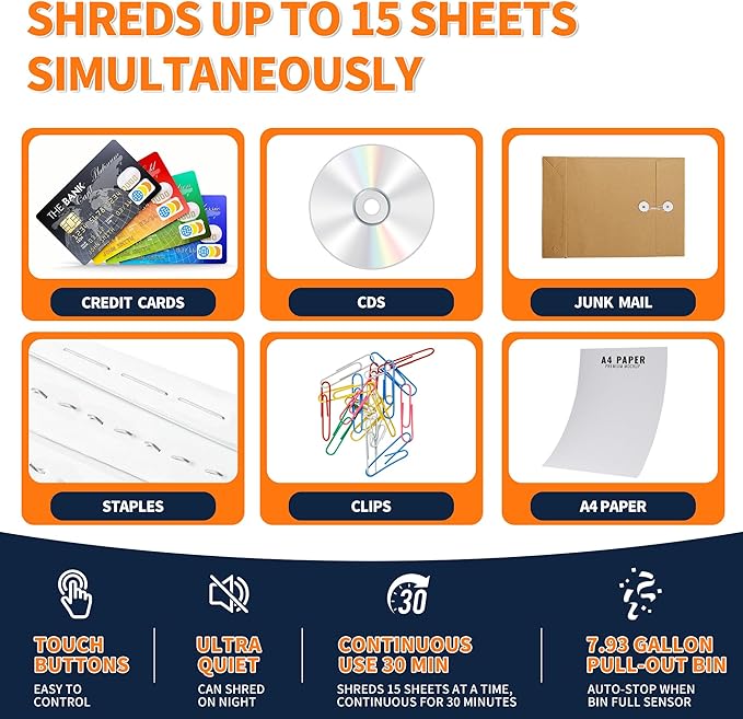 KRT Ultra-Quiet Paper Shredder 38dB, 30 Min Run Time, 15 Sheet Cross-Cut
