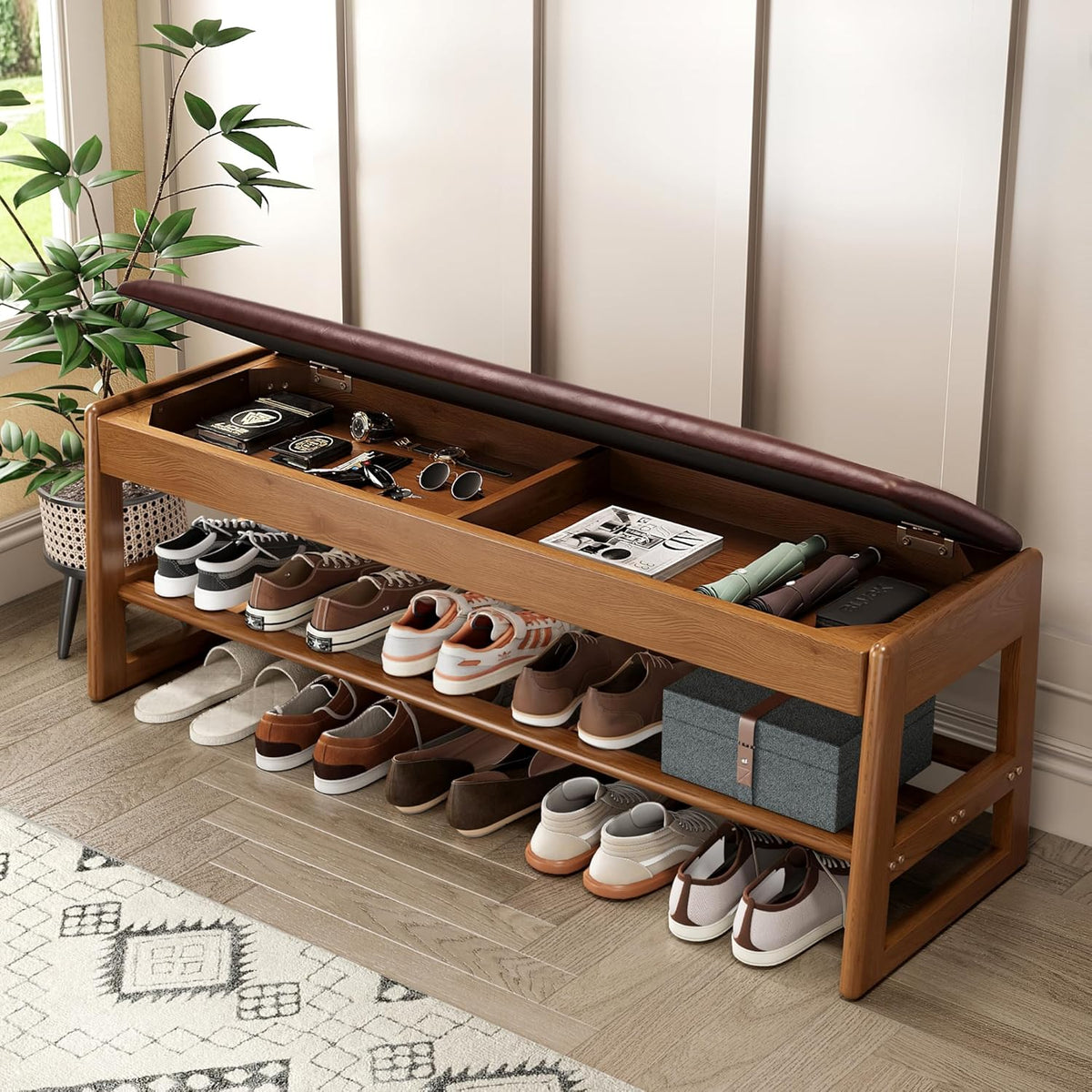 Shoe Rack Bench with Hidden Storage, 2‑Tier Solid Rubberwood Entryway Bench