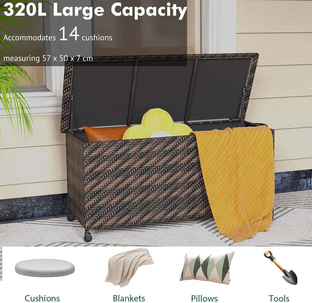 tangzon 320l garden deck box, patio cabinet container shown in use