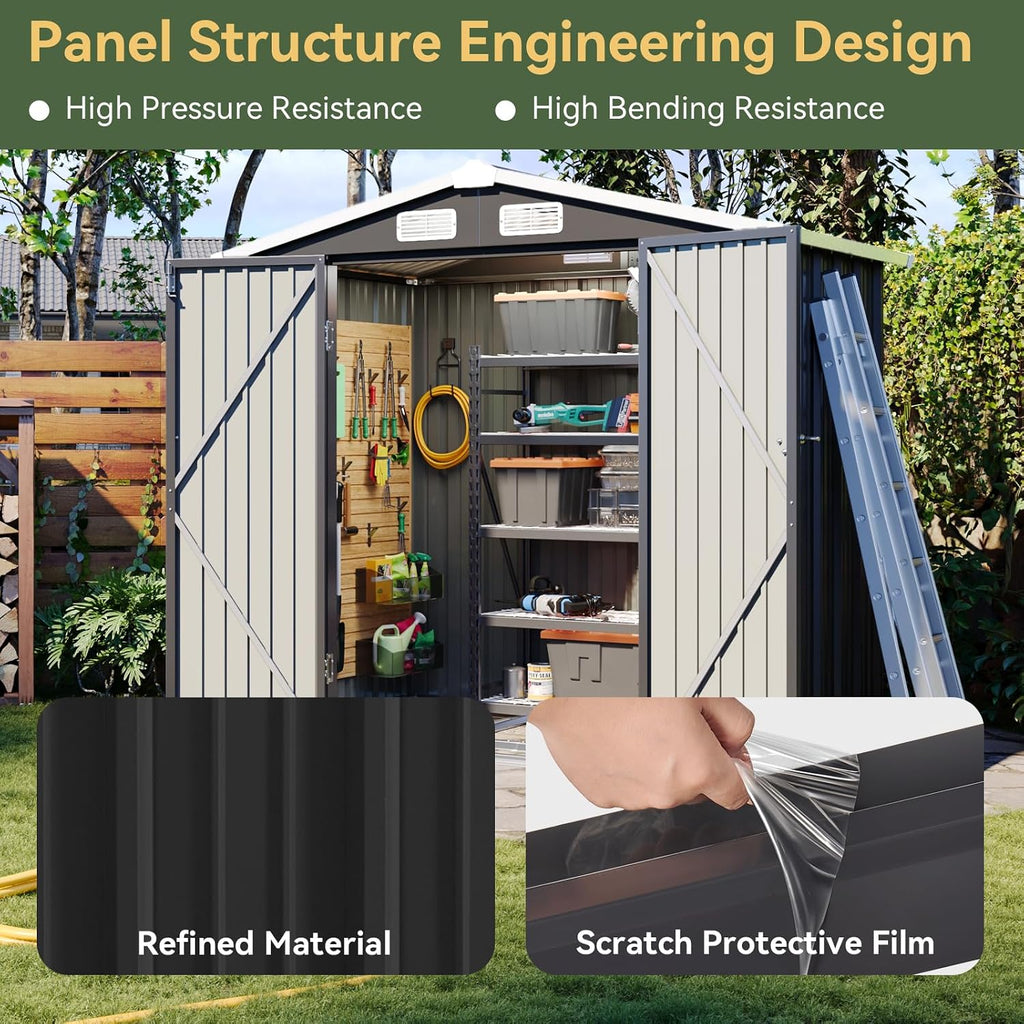 aoxun 6'x4' outdoor storage shed with base, black showing dimensions