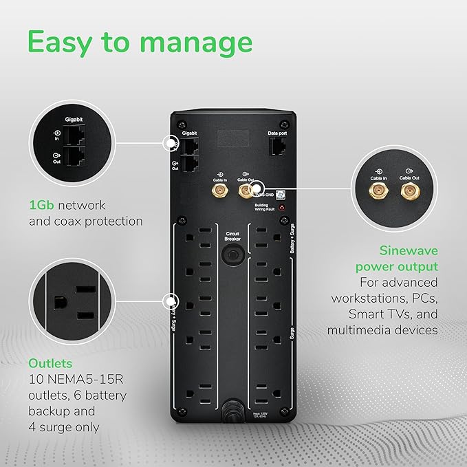APC UPS Back-UPS Pro, 1000VA Sinewave UPS Battery Backup & Surge Protector
