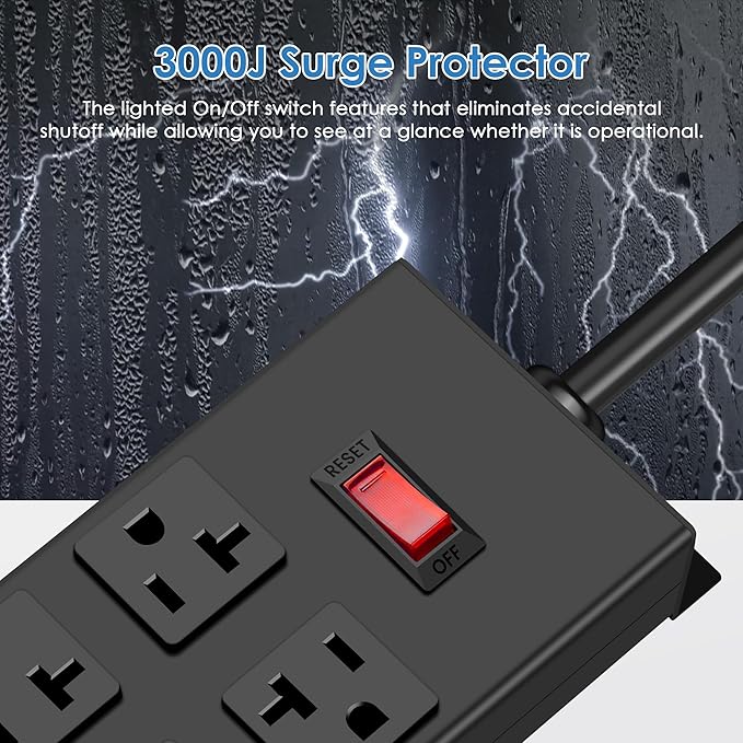 JUNNUJ Heavy Duty 20 Amp Power Strip, Garage 6 Outlets Metal 12 Gauge Surge