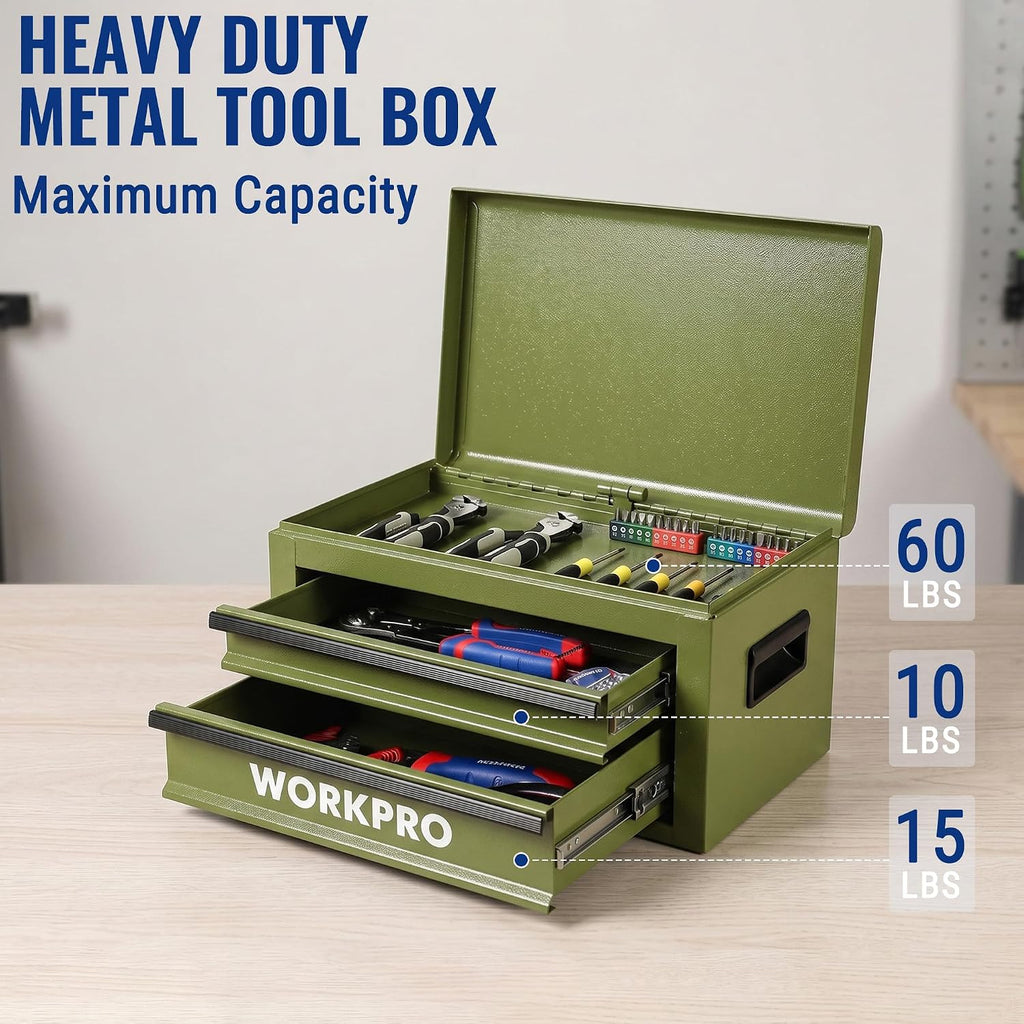 workpro 15-inch metal tool box with 2 drawers, close-up detail