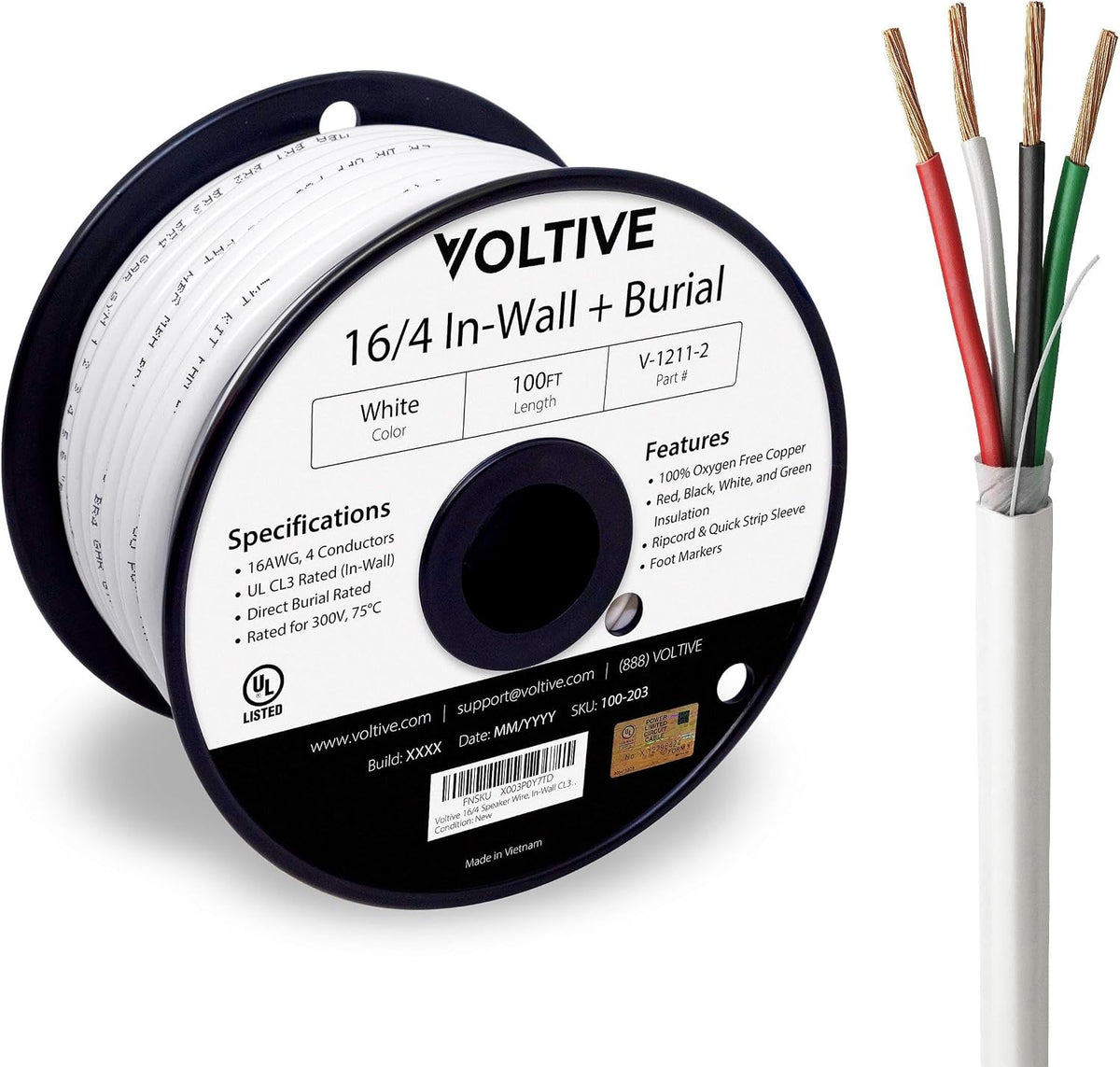 Voltive 16/4 Speaker Wire, in-Wall CL3 & Direct Burial, 100ft