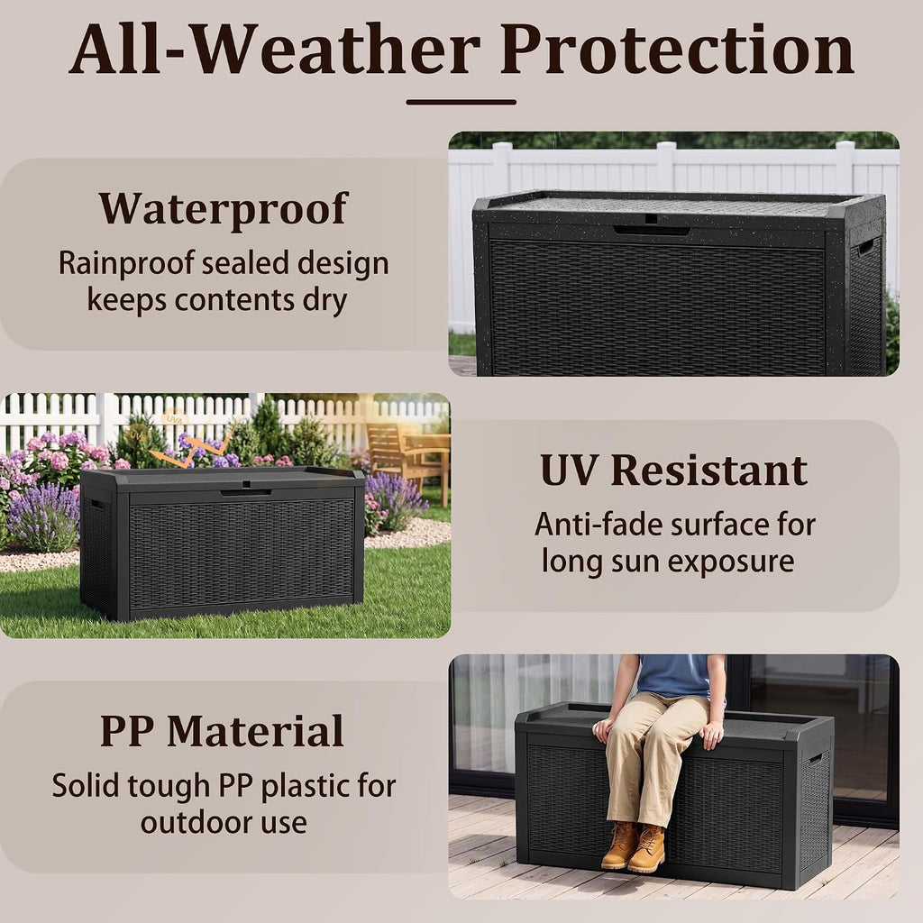 outdoor storage box,90 gallon lockable deck box,black shown in use