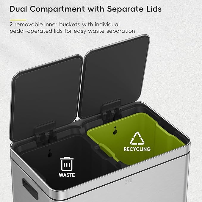 EKO Edison Dual Trash Can for Recycling and Trash, 8+8 Gallons Kitchen Garbage