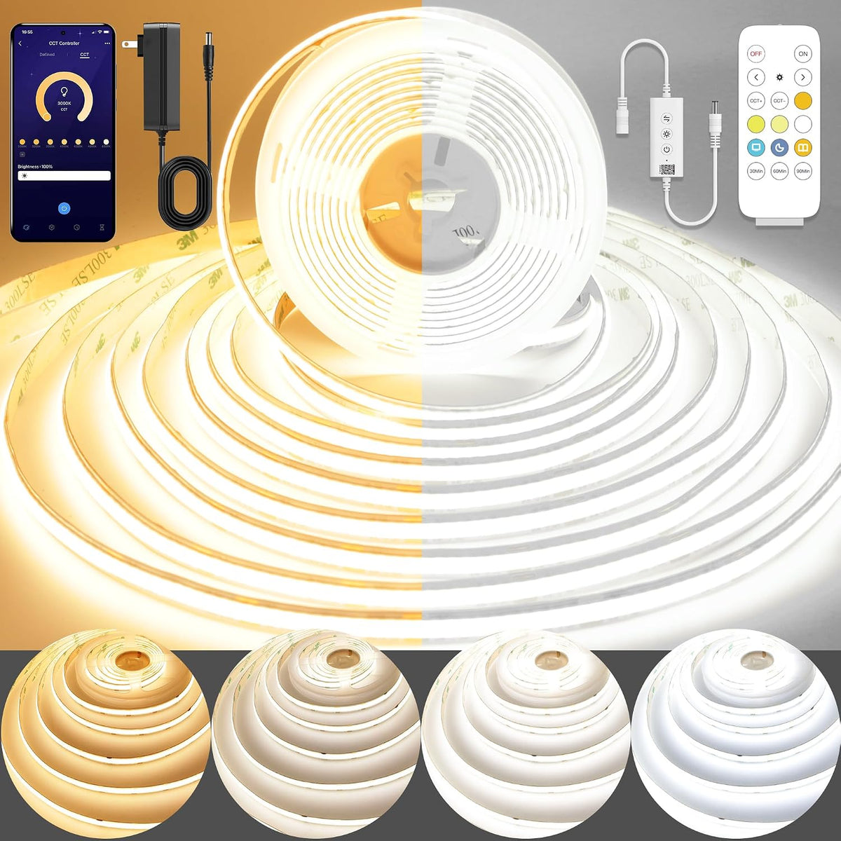 Pandery COB LED Strip Light, CCT Dimmable Strips Light, 2700K-6500K, 32.8ft/10m