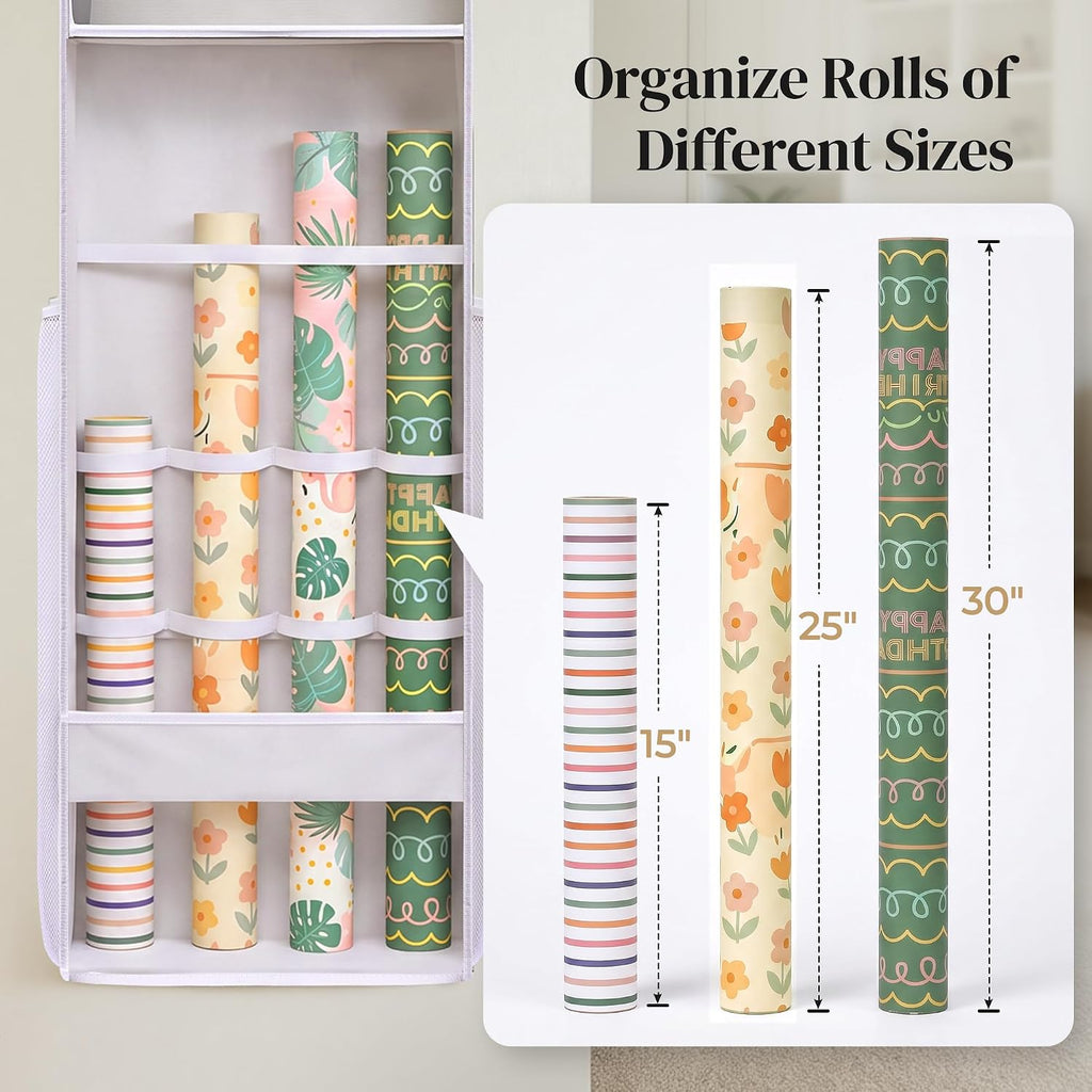 Ordovibe Wrapping Paper Storage Organizer, Over The Door Gift Wrap Holder with Removable Drawer & Side Mesh Pockets – Space Saving Closet Organizer for Christmas, Halloween, Birthday Rolls Supplies White