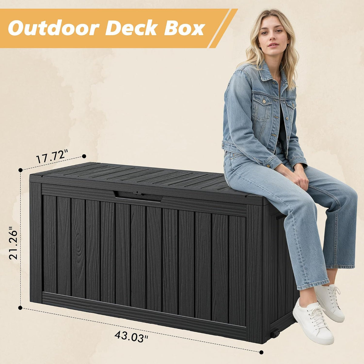 fancyango 85 gallon large outdoor storage deck box shown in use