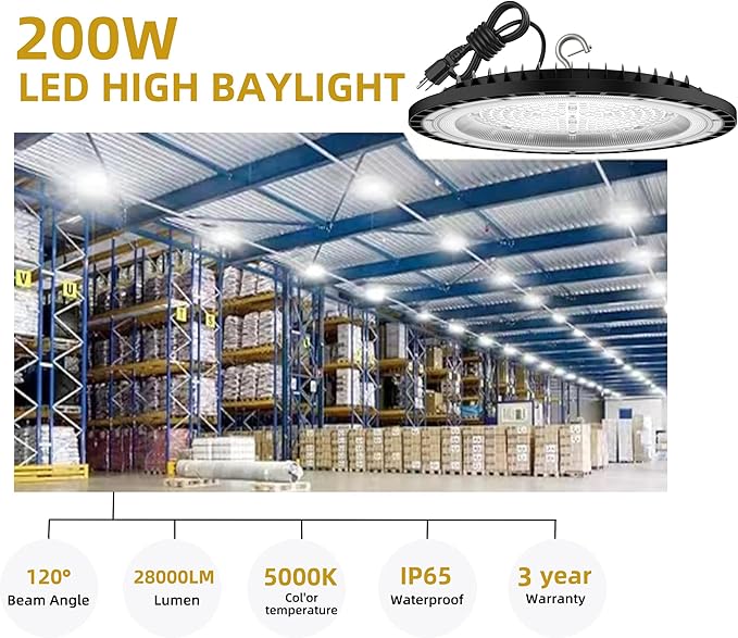 SOUTHLEVY 2 Pack UFO 200W LED High Bay Light, 5 ft Cable