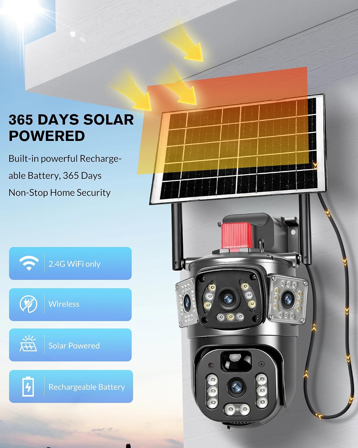 KEPEAK Solar Security Camera Outdoor Wireless, Dual Lens PTZ WiFi Camera 2.4G, IP66 Outdoor Camera with Three-View Display, Color Night Vision, Human Detection