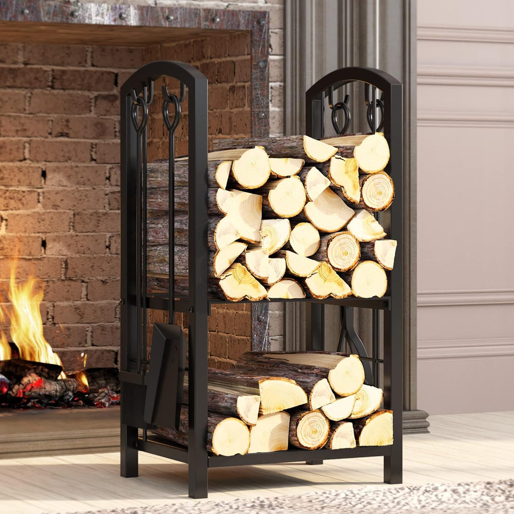 Fire Beauty Wrought Iron Firewood Log Rack with 4 Pcs Fireplace Tools Black
