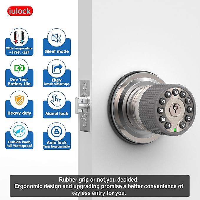iulock Smart Door Knob with Keypad and Key, Keyless Entry Door Lock with Rubber
