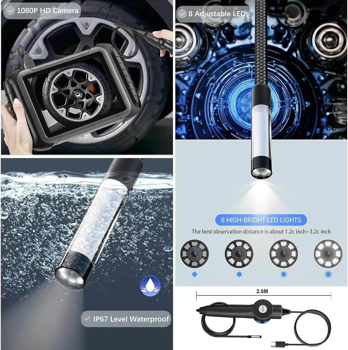 xtool inspection camera xv200, 2mp&1080p hd& 8 leds, close-up detail