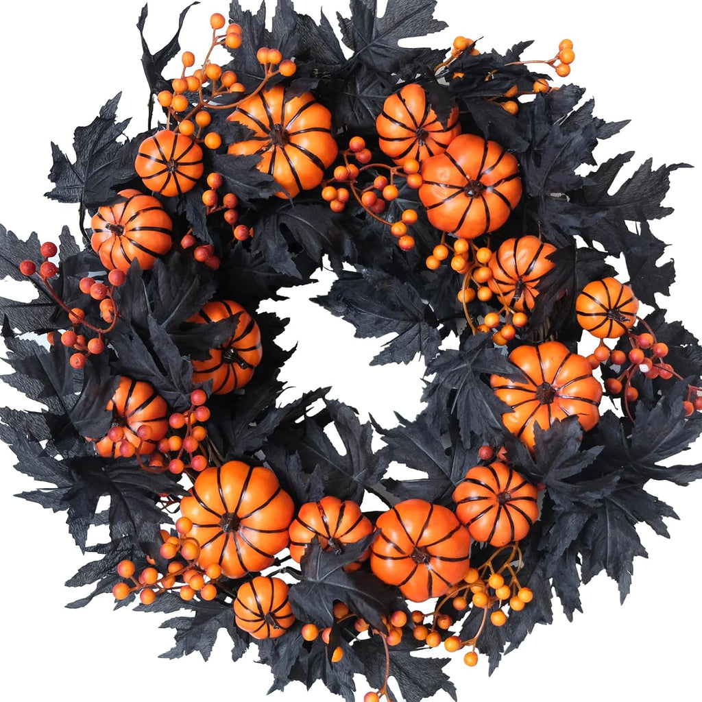 Halloween Wreaths Black Maple Leaf Wreath Orange Pumpkin Wreath Holiday Decoration Party Party Celebration Wreaths Front Door Back Door Hallway Patio Decoration