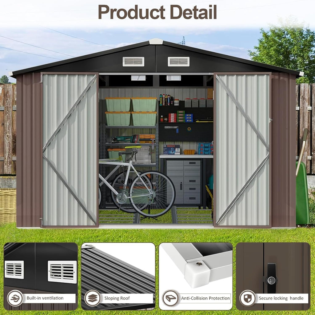 aoxun 10x8 ft shed outdoor storage shed, brown, side view