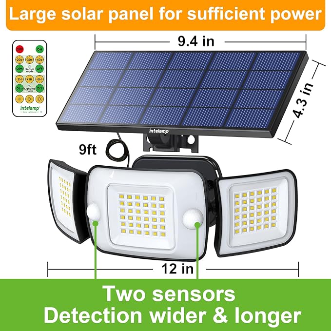intelamp Solar Flood Lights Outdoor Waterproof, 2 Pack 6000mAh 1200LM Solar