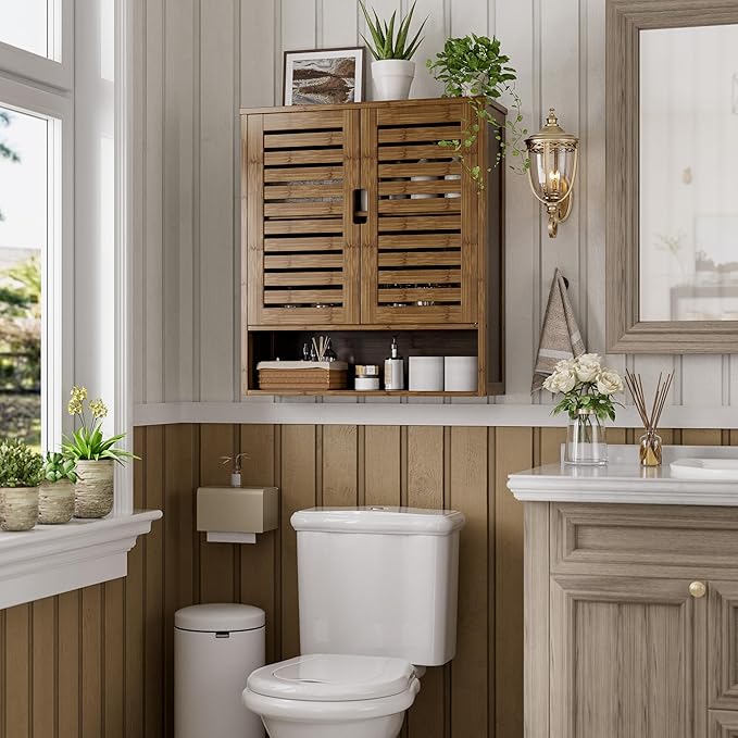 SMIBUY Bathroom Cabinet Wall Mounted, Bamboo Over-The-Toilet Storage Organizer