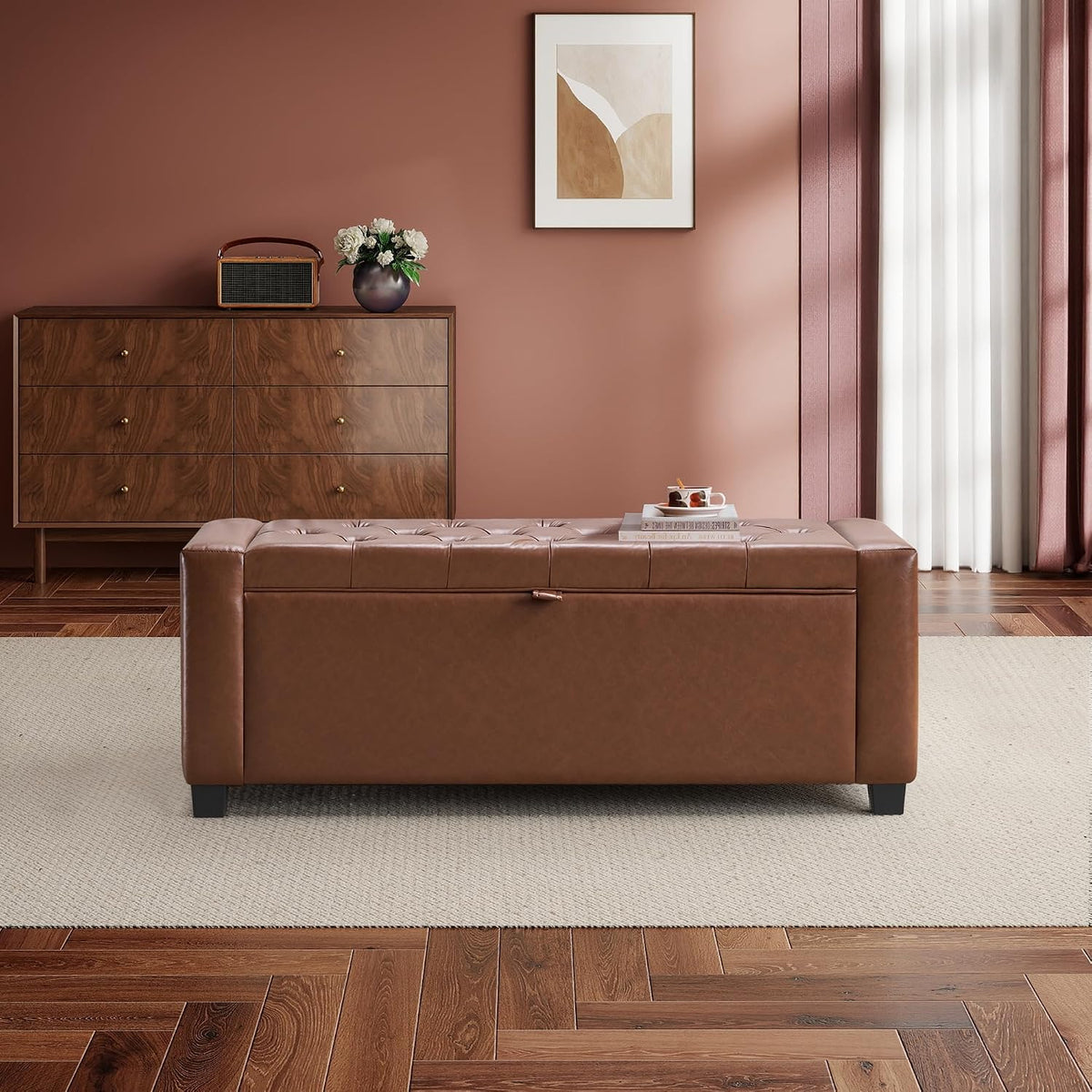 grainell 42.13” storage ottoman bench, upholstered tufted bedroom, close-up detail