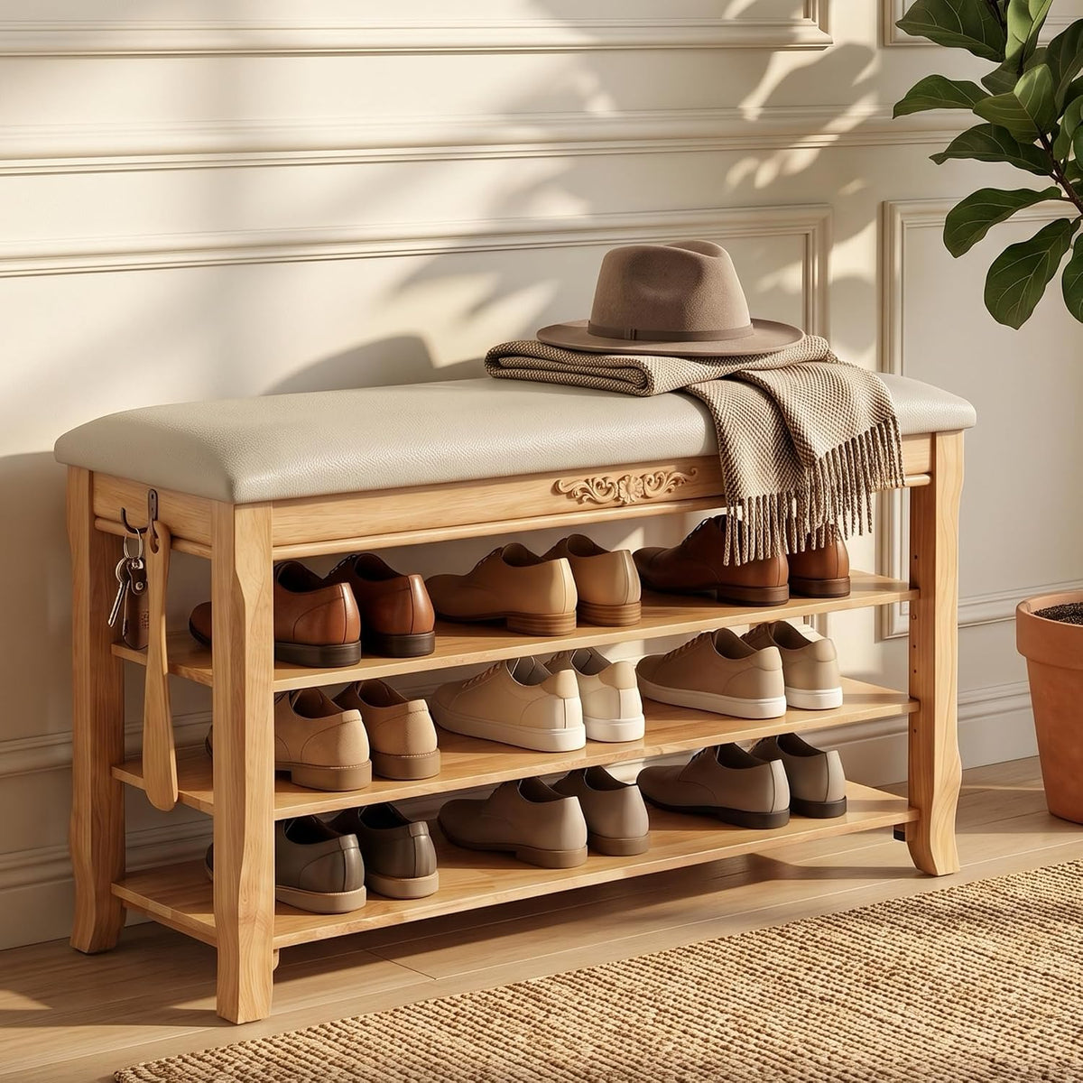 Shoe Rack Bench Entryway Storage with Leather Cushion, 31.5"