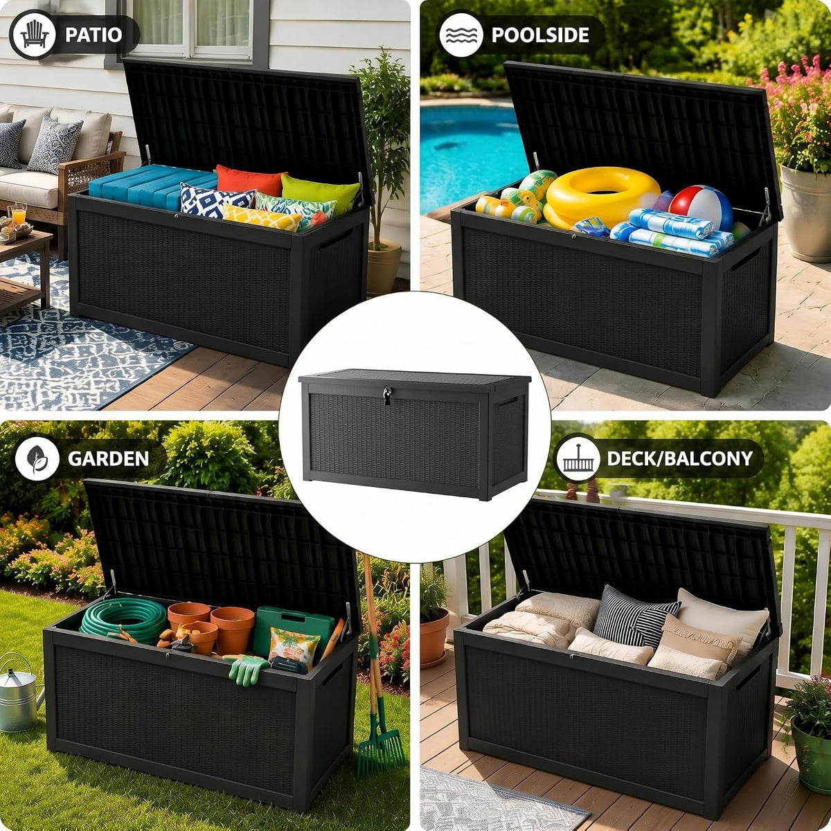 350 gallon outdoor storage box, extra-large heavy-duty waterproof on a desk or shelf