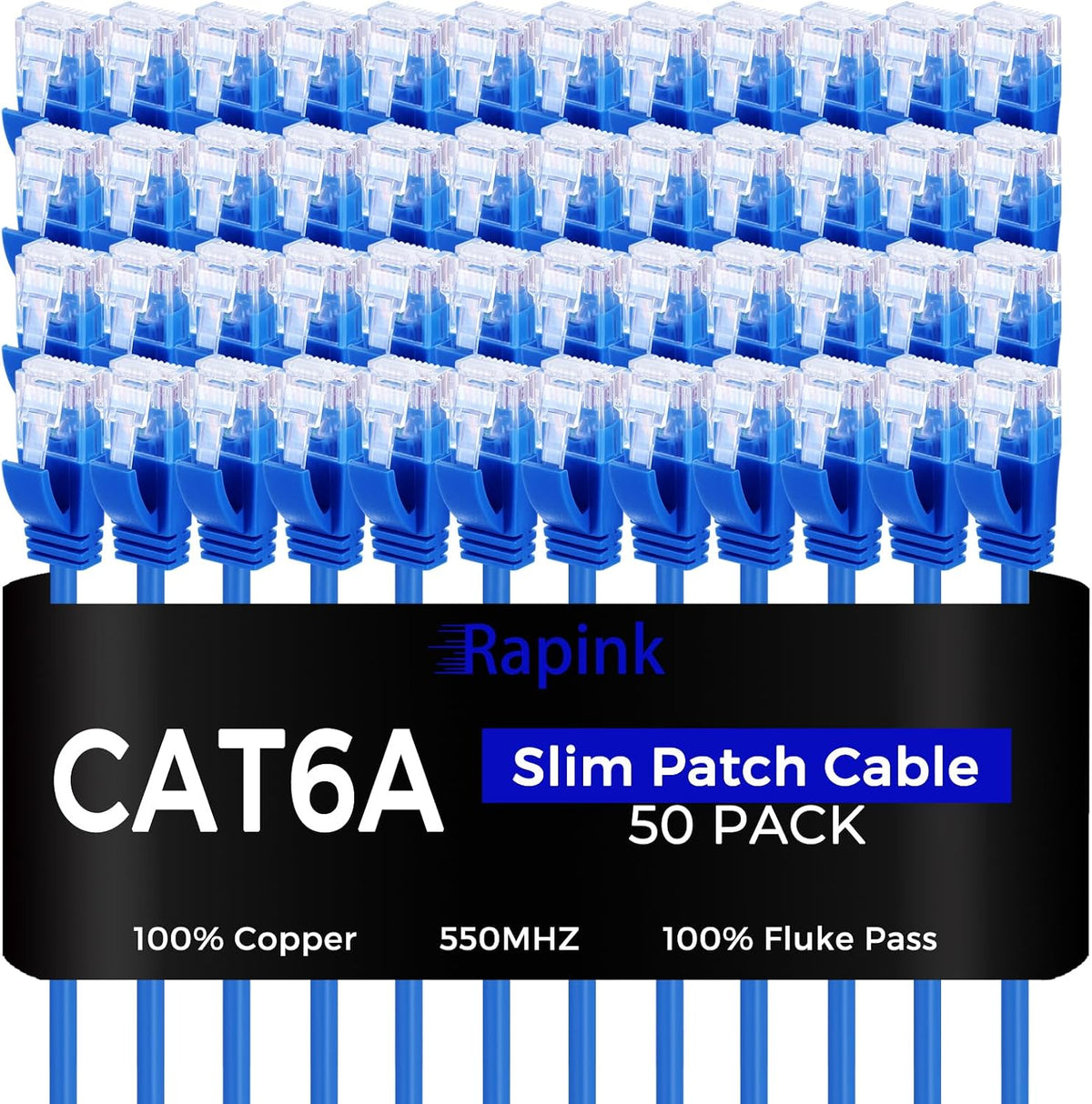 Rapink Patch Cables Cat6a 1ft Slim, Cat6a Ethernet Patch Cable 10G Support (50 Pack)