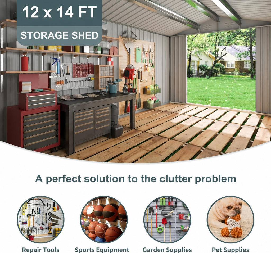 polar aurora 12x14 ft outdoor storage shed black showing dimensions