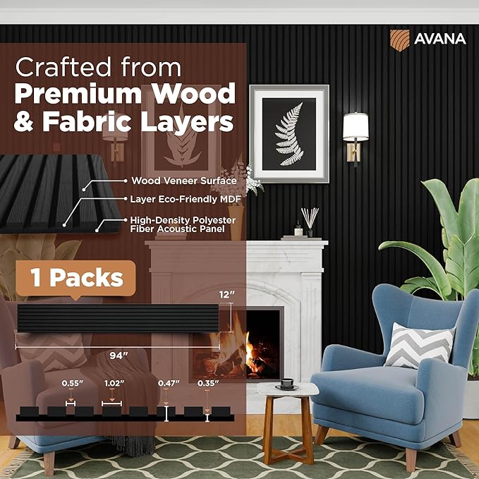 Avana Modern Acoustic Wood Wall Panels – 94.4 x 12.6 Inch Black Oak Acoustic