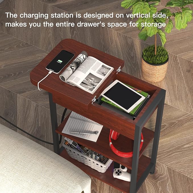 LIDYUK End Table with Charging Station, Flip Top Side Table with USB Ports and