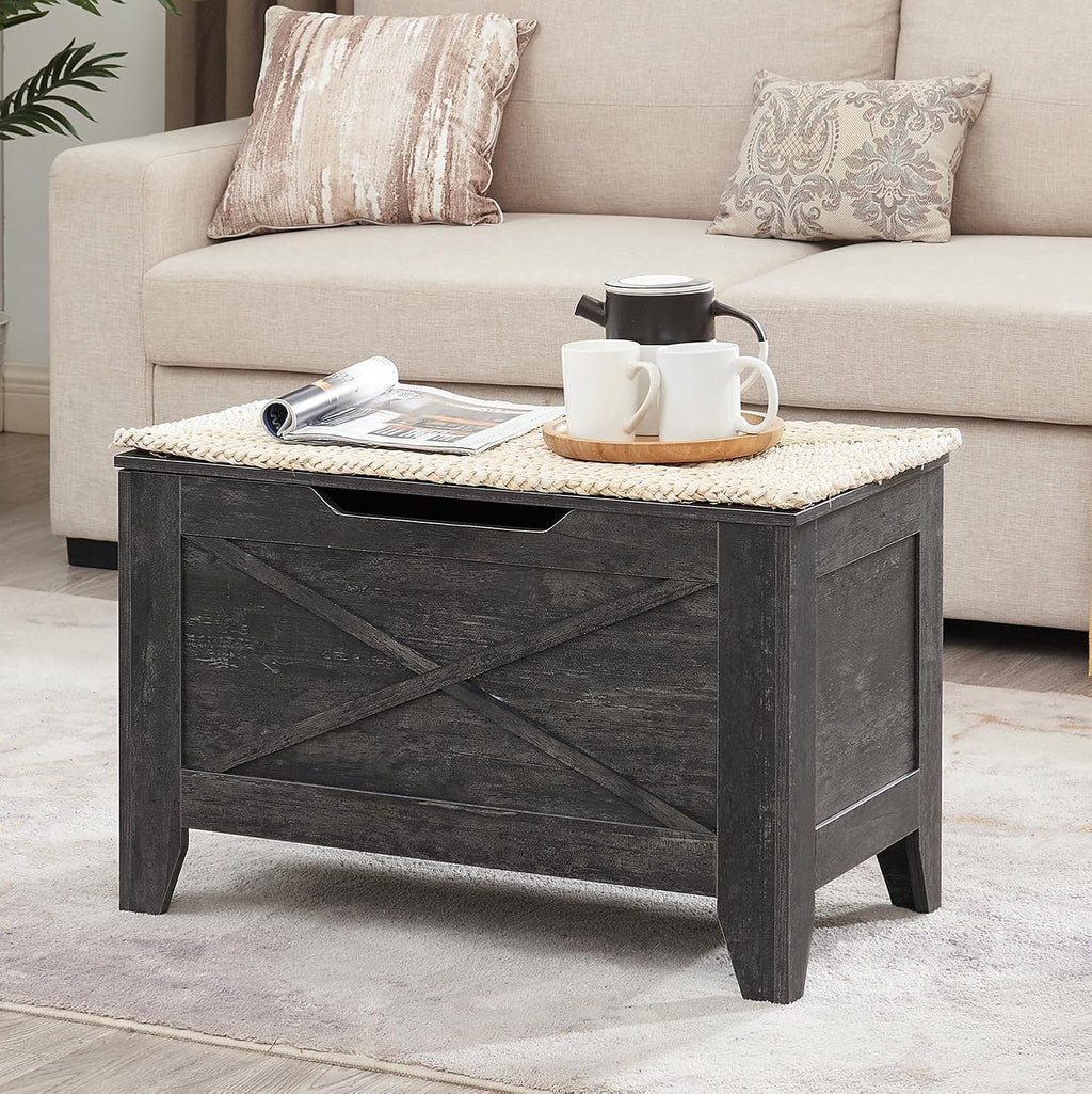 VECELO 30" Storage Bench, Shoe Bench with Handwoven Wicker Cushion, Ottoman Storage Trunk with Safety Hinges, Ideal for Entryway, Bedroom, Living Room, Gray