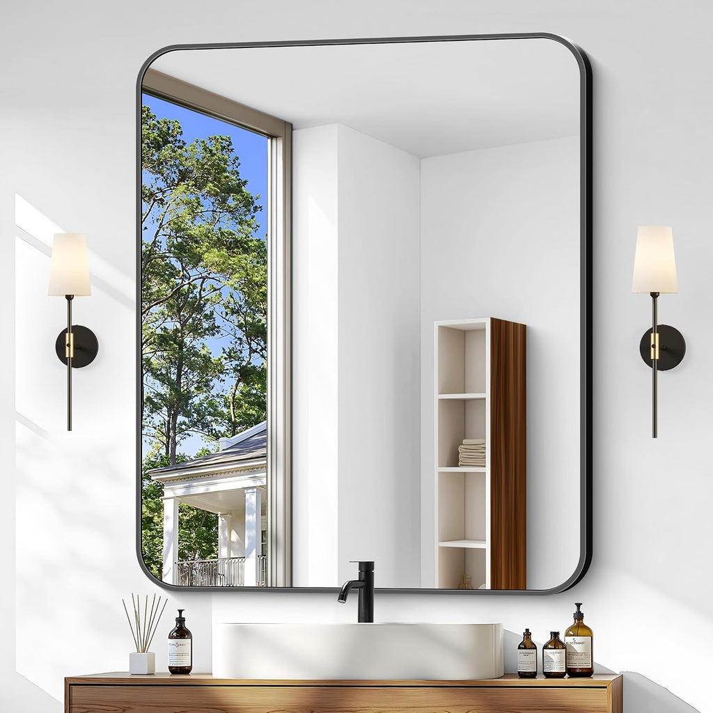 Bathroom Mirror, 36 x 30 inch Metal Framed Black Rectangle Mirror, Rounded