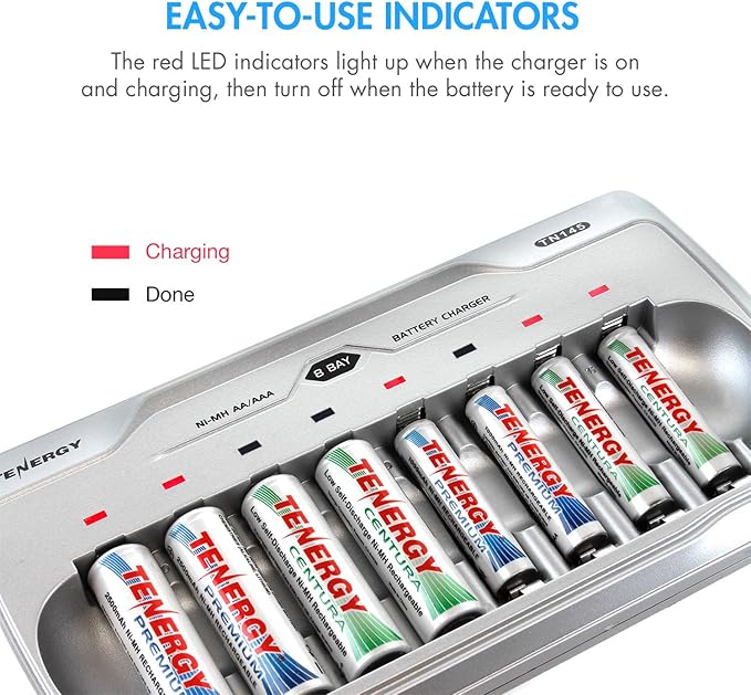 Tenergy TN145 8 Bay Charger and 4 Pack Rechargeable AA Batteries and 4 Pack