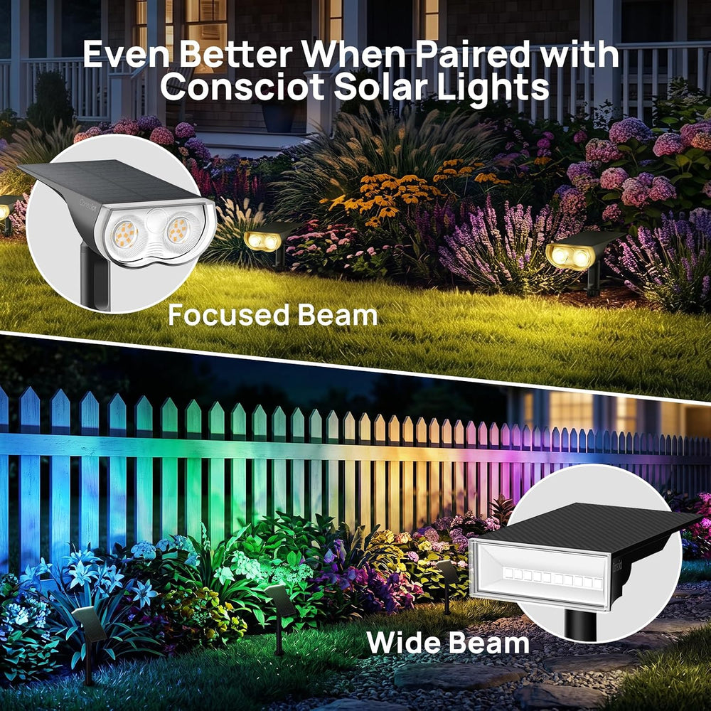 Consciot Smart Solar Spot Lights Outdoor, RGBTW Halloween Solar Lights
