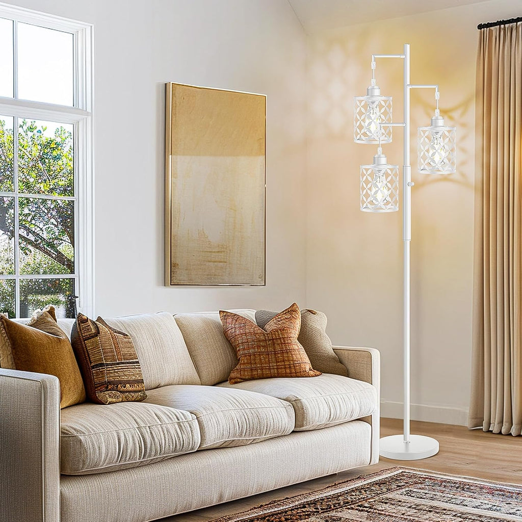 Dimmable Floor Lamp, Farmhouse Standing Lamp with Elegant Metal Cage, Industrial Tall Tree Floor Lamps for Living Room Bedroom Study Room Office, 3 x 800LM LED Bulbs Included - 68", White